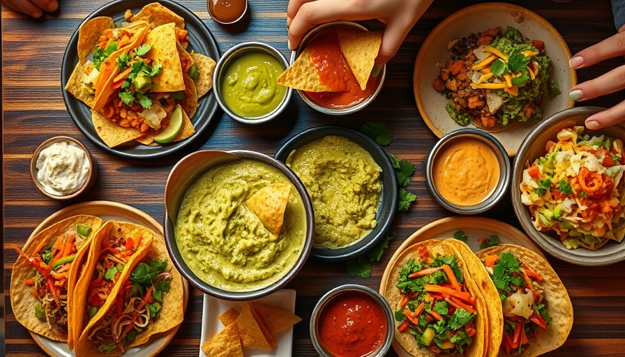 Torchy's Tacos Austin vibrant spread featuring tacos and dips.