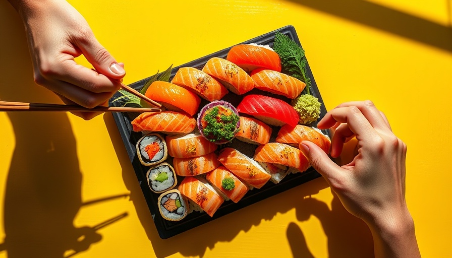 Vibrant Neptune Sushi Delivery Concept with colorful sushi on a yellow table.