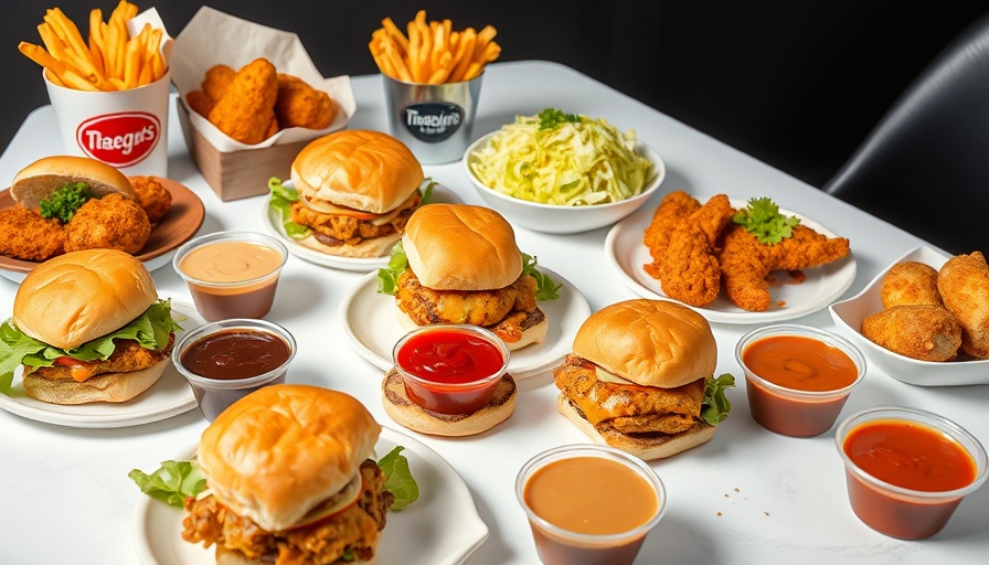 Guy Fieri's Chicken Guy in Dallas fast food spread with sliders and sauces.