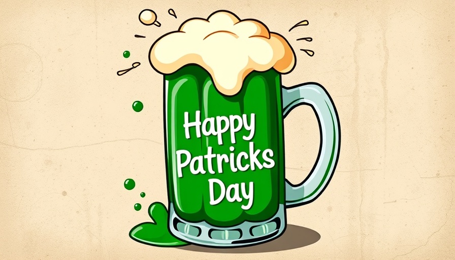 Cartoon mug of frothy green beer for St. Patrick's Day celebration.