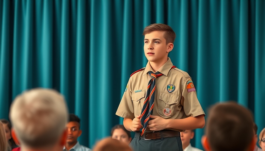 Scout in uniform discussing Tornado Safety Awareness indoors.