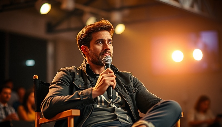 Documentary Filmmaker Tony Hale seated with microphone, thoughtful pose.