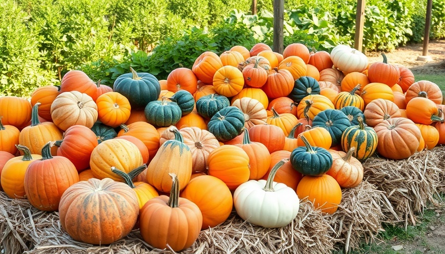 Vibrant assortment of edible pumpkin varieties displayed outdoors.