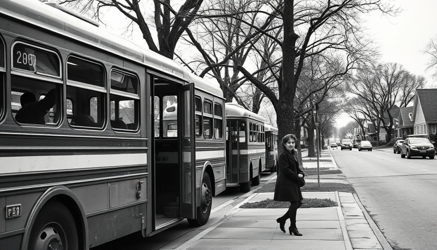 Vintage scene of public transportation in Dallas with a bus and a woman.