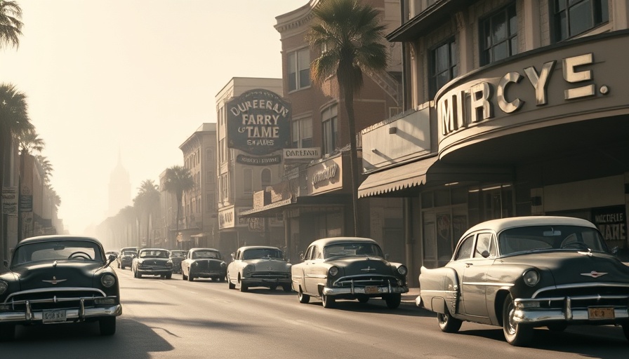 1950s Miracle Mile Dallas street scene with vintage cars.