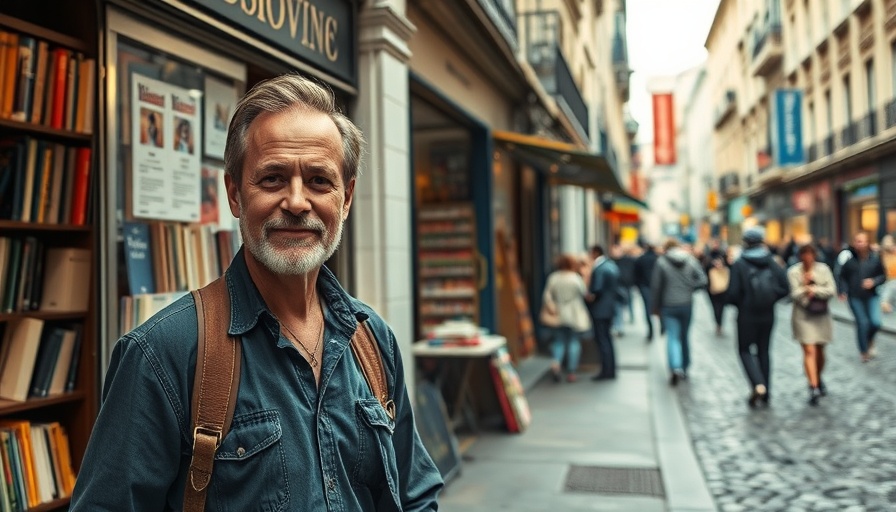 Man outside bookstore on cobblestone street, 82nd Airborne D-Day Mission.