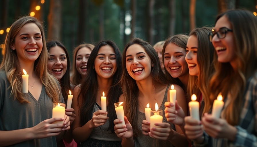 Hockaday graduates at Camp Mystic, celebrating with candles outdoors.