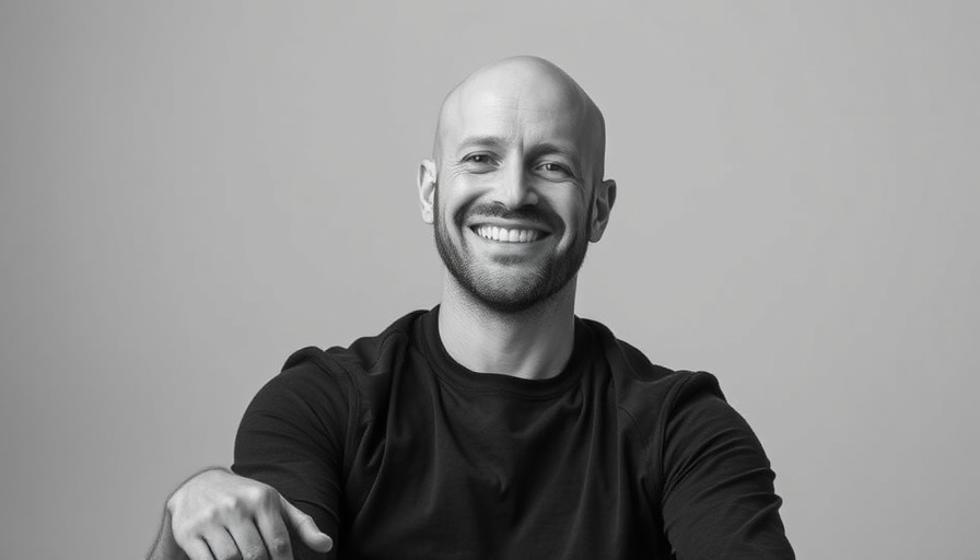 Black and white portrait of a smiling man in a white shirt.