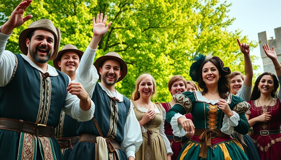 Scarborough Renaissance Festival performers celebrating in vibrant costumes.