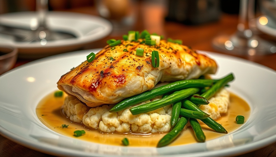 Elegant gourmet lunch dish with chicken and vegetables beautifully presented.