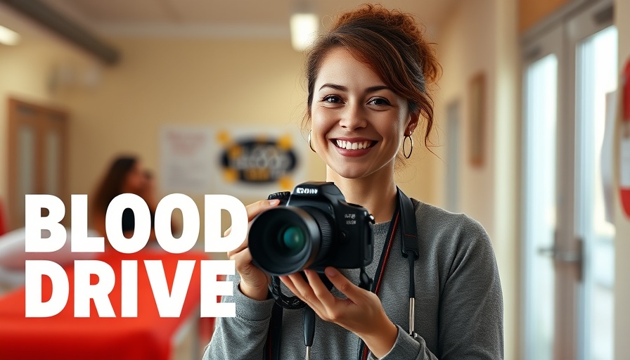 Community blood drive DFW poster with woman holding camera.