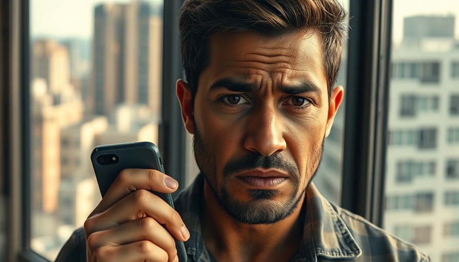 A worried Latino person holding a phone, urban crisis backdrop.