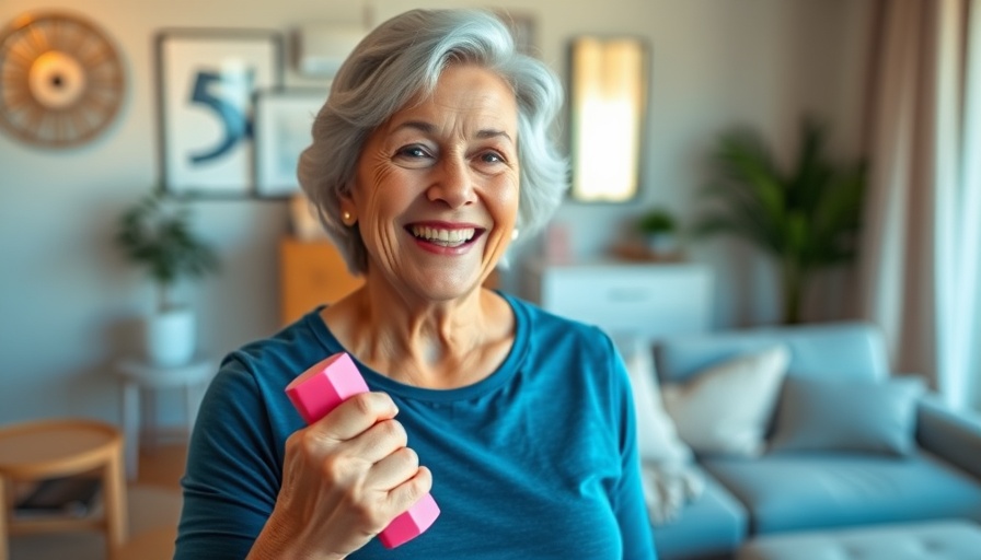 Energetic older woman lifting weights combating age-related muscle loss.