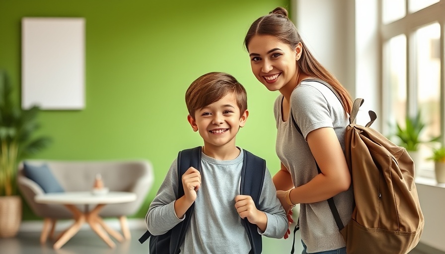 Mother assisting child with backpack at home, back-to-school health tips.