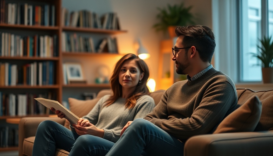 Introspective couple in therapy, warmly lit office setting