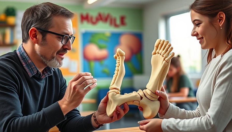 Man explaining foot anatomy with model addressing foot health issues.