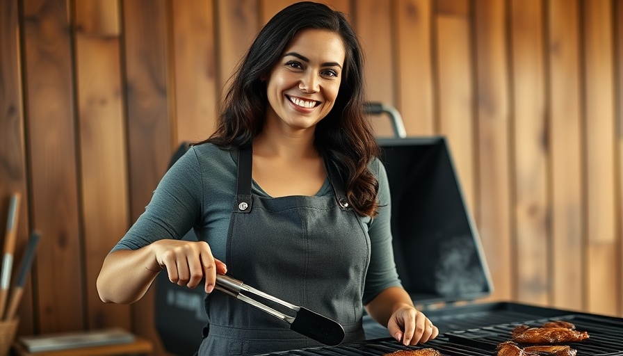 Woman with grill tongs in Texas barbeque setting.