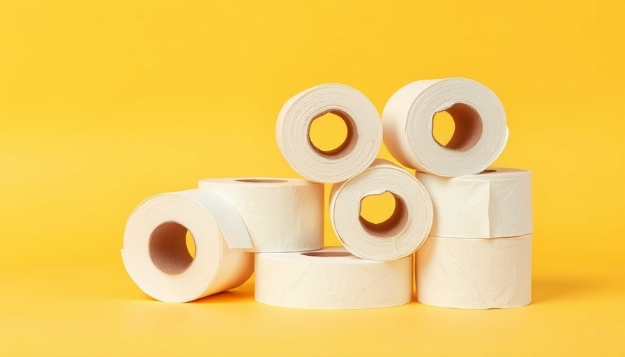 Restroom accessibility concept with stacked toilet paper rolls on yellow backdrop.