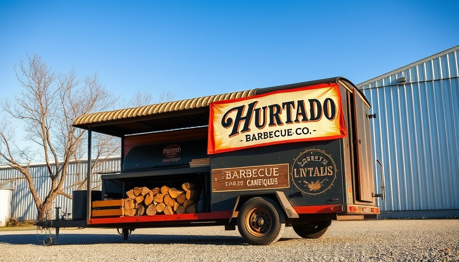 Rustic Texas barbecue food truck with smoker and branding banner.
