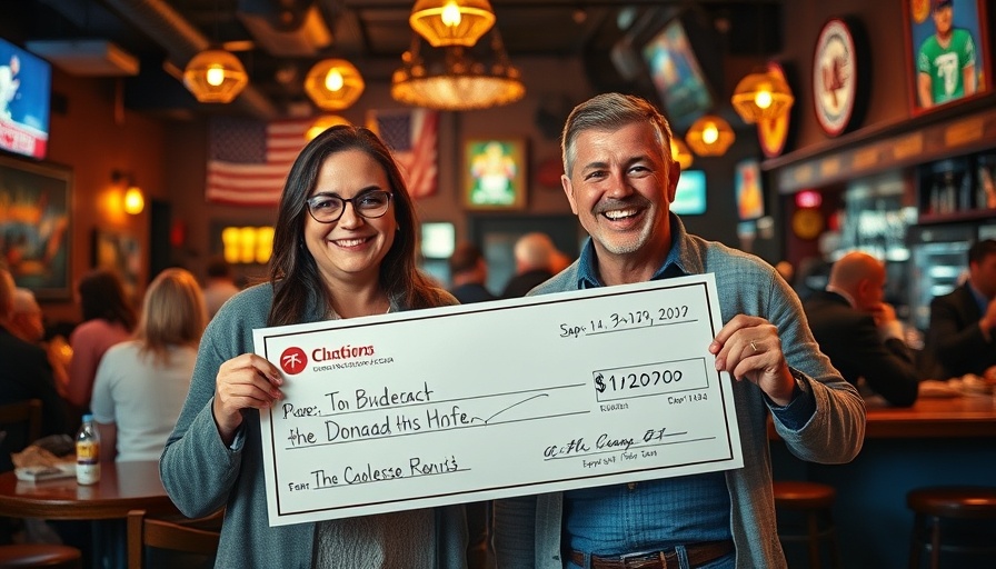 TEXSAR Flood Relief event with large donation check in a restaurant setting.