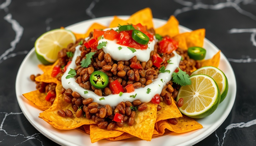 Vegan nachos with toppings, salsa, and vegan cream.