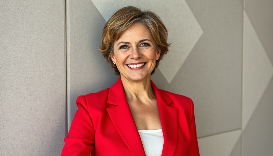 Confident woman smiling in a red blazer indoors for Transform Health in Texas by 2030.