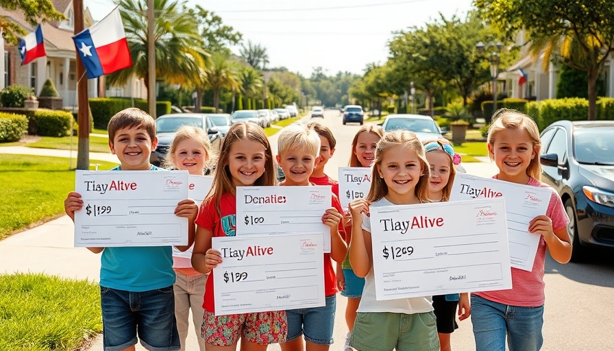 Children fundraising with signs for Texas Flood Relief in a sunny neighborhood.