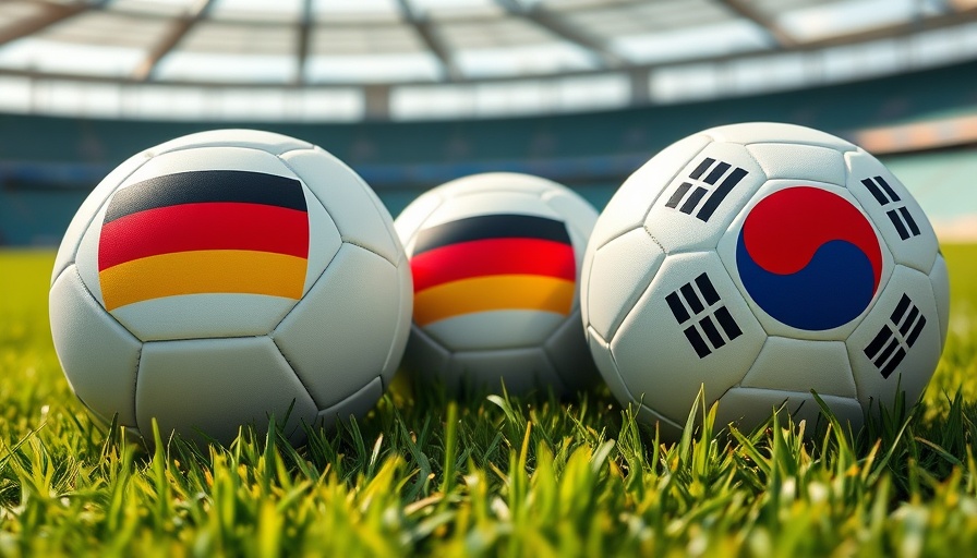 German and South Korean flag soccer balls on field, FIFA World Cup.