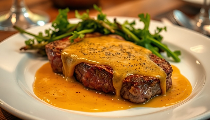Juicy Beyond Steak Filet with sauce and greens on plate.