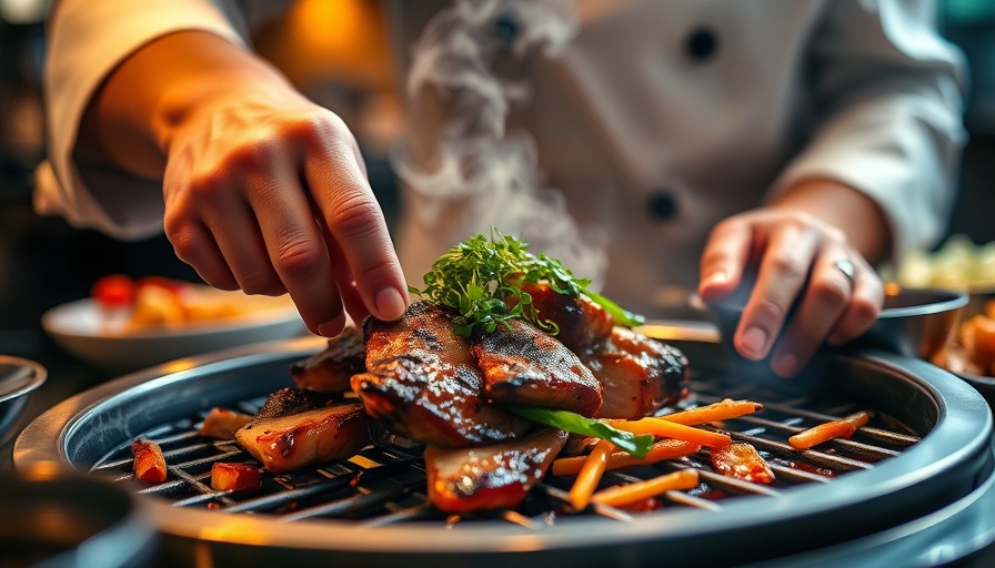 Chef prepares Korean BBQ with Texas Soul fusion, close-up view