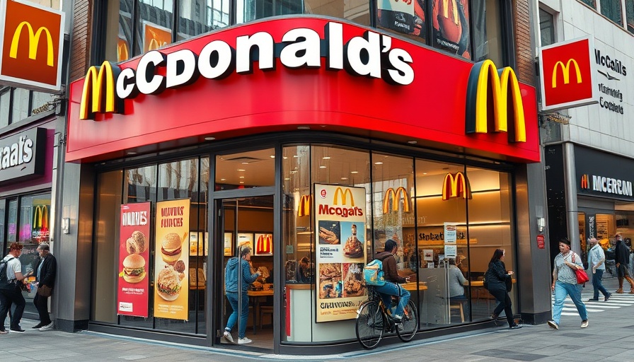 McDonald's in city with posters, linked to Pokémon food waste controversy.