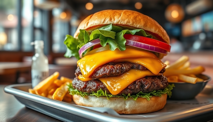 Chop House Burger with crispy fries on a tray, photorealistic