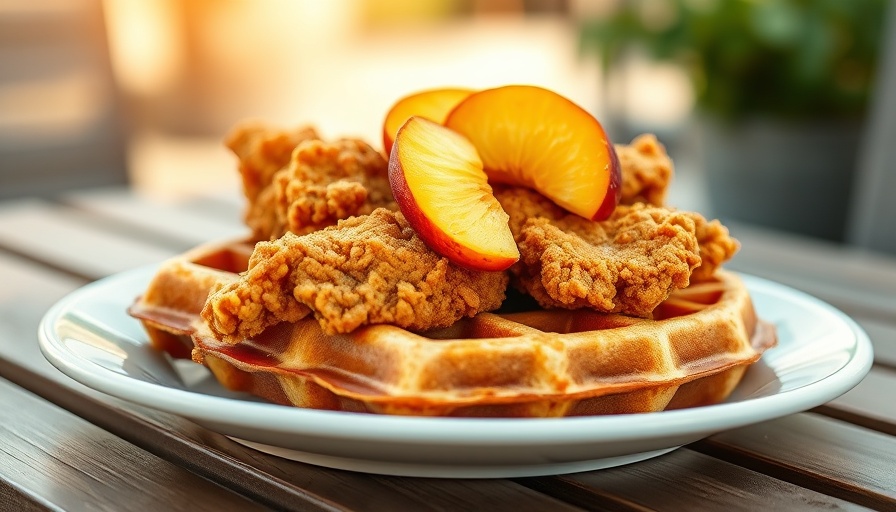 Crispy fried chicken and waffles with peaches on a plate.