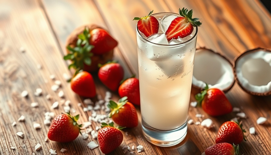 Coconut water strawberry vodka cocktail, rustic table setting.