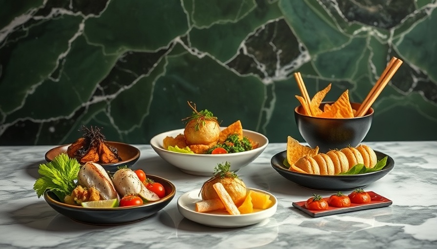 Japanese-French dining experience in Austin on dark marble.