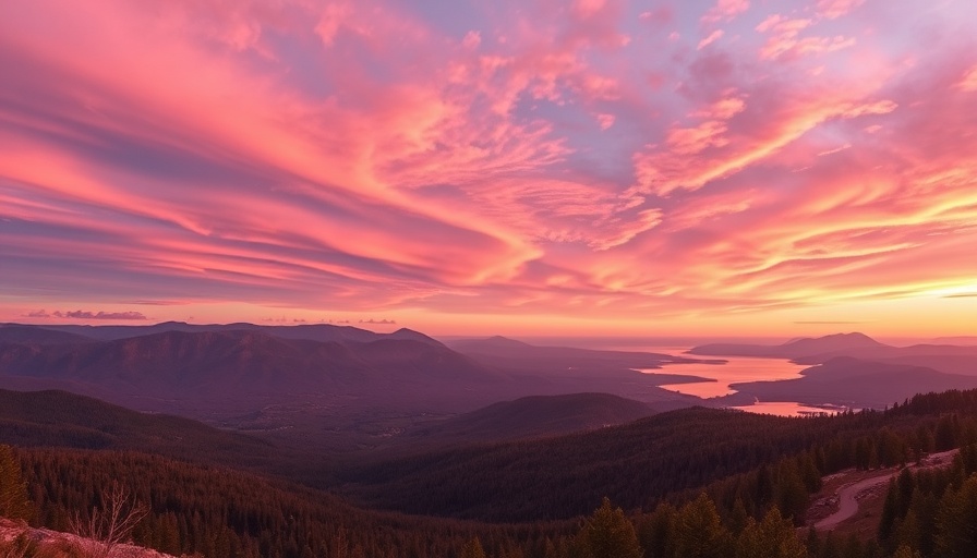 Expansive mountain landscape at sunset with pink sky.
