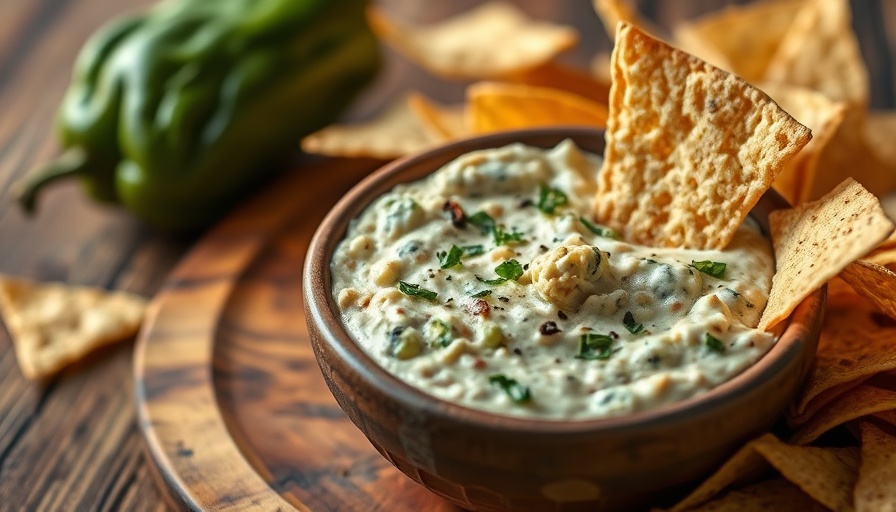 Poblano Artichoke Dip with tortilla chips on a wooden platter.