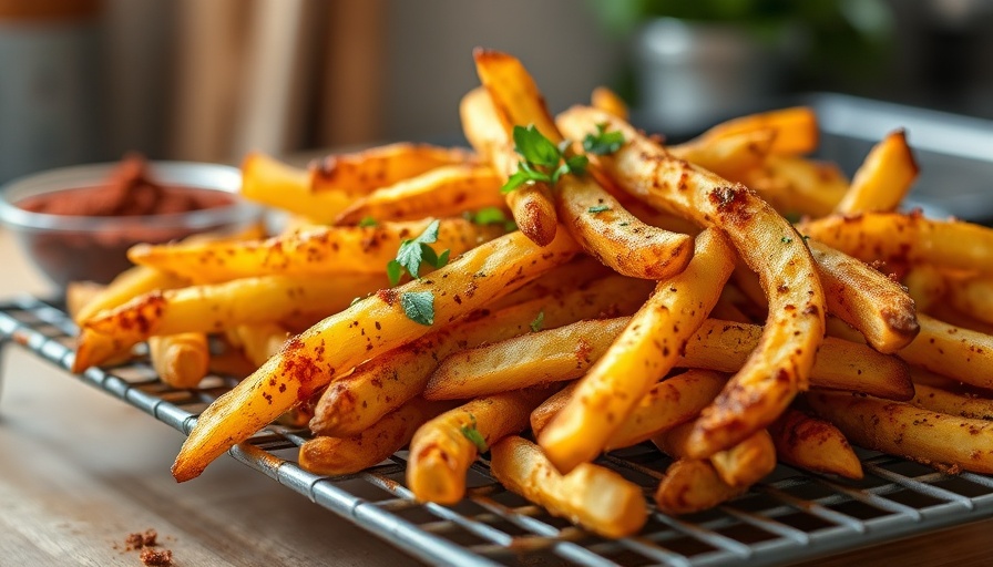 Crispy Cajun French Fries with herbs and spices on wire rack.