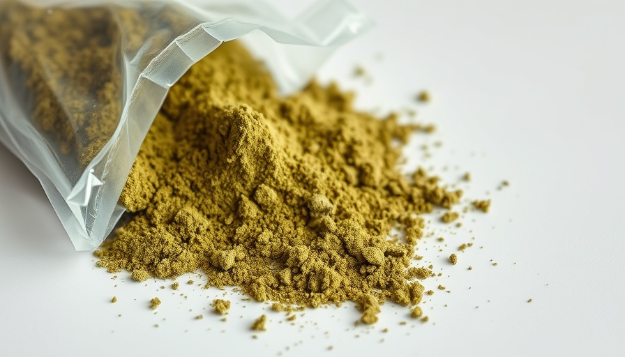 Close-up of kratom powder and a sealed bag on white surface highlighting addiction concerns.