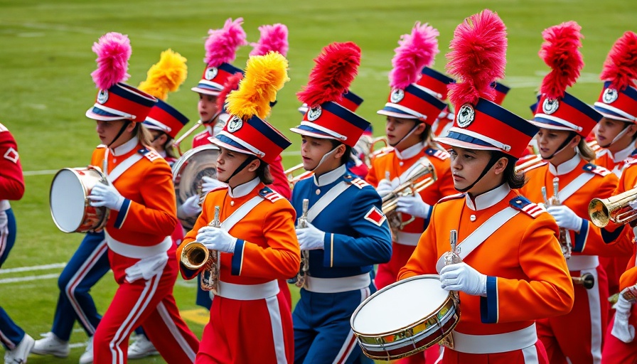 High school marching band performing energetically on a field, showcasing arts students.