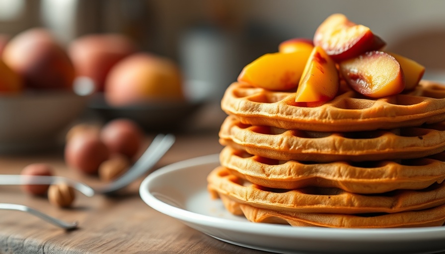 Stack of sweet potato waffles with peach topping and syrup.