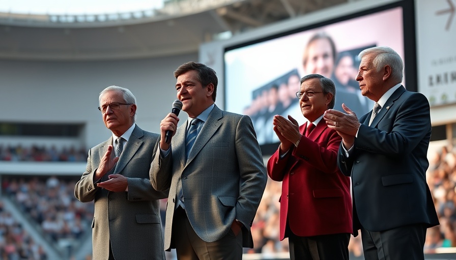 World Transplant Games 2025 event with speakers on stage and screen.