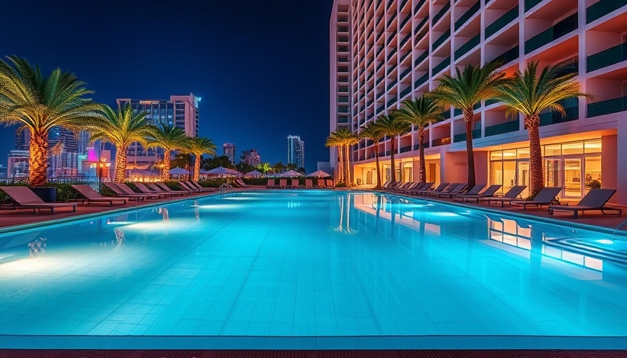 Modern hotel pool at night with neon lights; stay for football season.