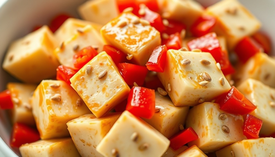 Delicious Szechuan tofu with sesame seeds and red peppers.
