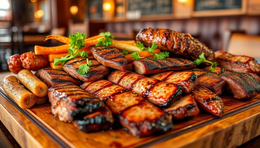 Waylon J's Barbecue Austin: Assorted meats on wooden platter.