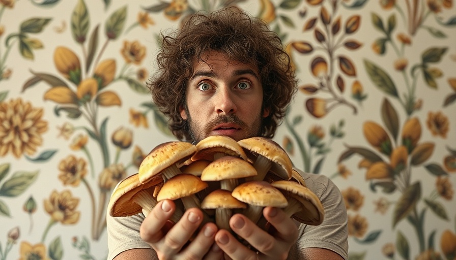 Curly-haired man amazed by mushrooms, Hi-Fi Mycology mushrooms.