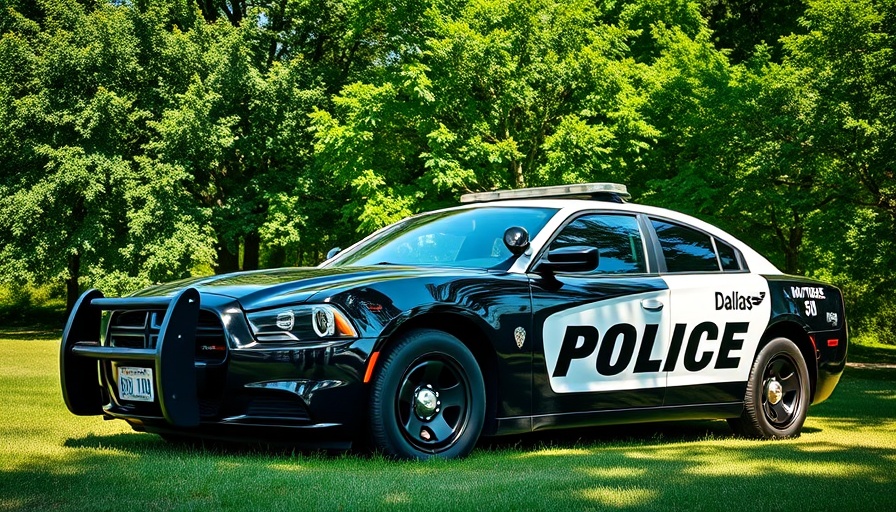 Dallas police car parked during investigation, trees in background.