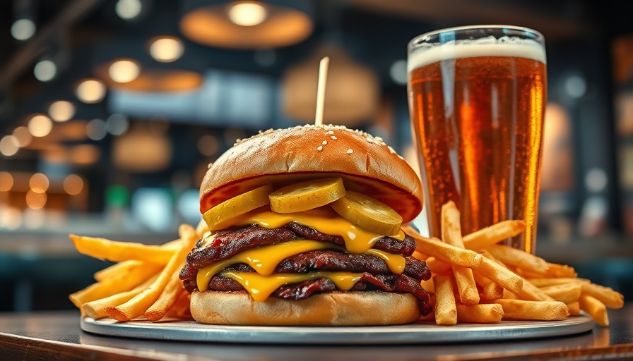 Wagyu Smash Burger with fries and beer in DFW restaurant.