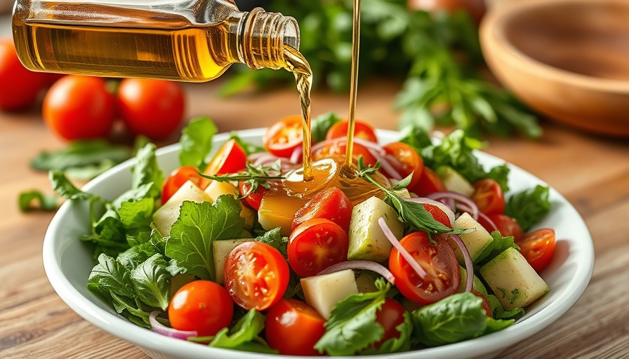 Mediterranean salad being dressed with olive oil for type 2 diabetes prevention.