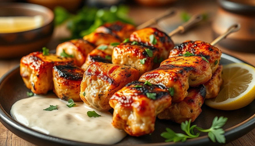 Grilled chicken skewers with herbs, Middle Eastern cuisine in Dallas.